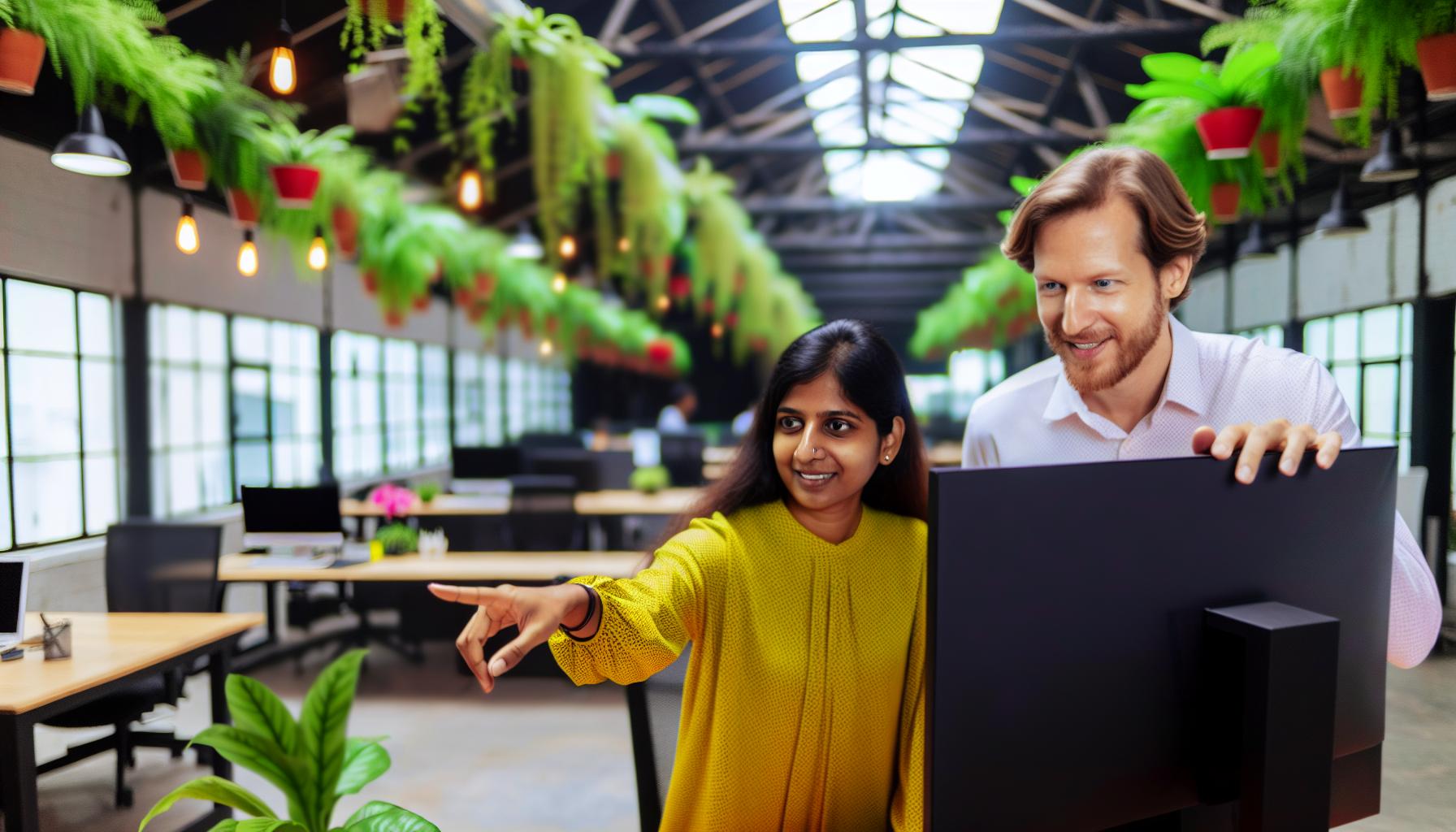 A woman and a man point at a screen in an openplan office surrounded by plants