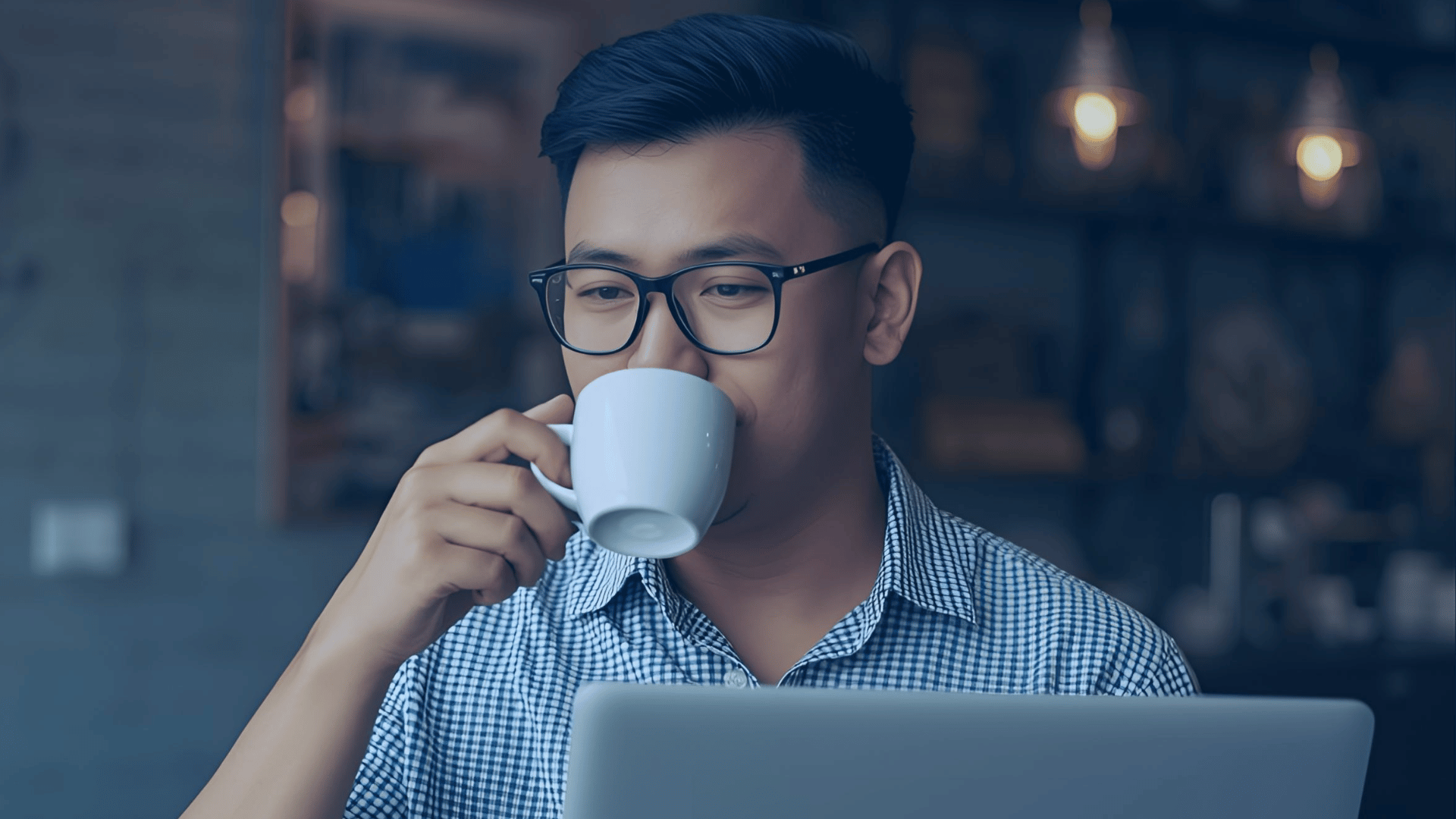 man drinking coffee with a laptop
